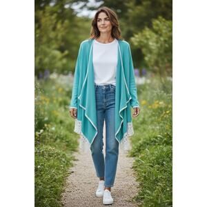 Liz Claiborne New York Open Cardigan Drapery Crochet Trim SZ XL Boho Cottage